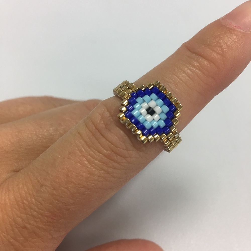 Evil eye seed beaded gold plated ring - Picture 2 of 2
